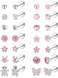 14 Pairs Flat Back Earrings Hypoallergenic for Women Girls - Surgical Stainles Steel Cute CZ Heart Flower Pearl Butterfly Earrings Pink Screw Back Sleeper Earrings Set 20G Over 3 Years Old Hypoallergenic Stainless Steel