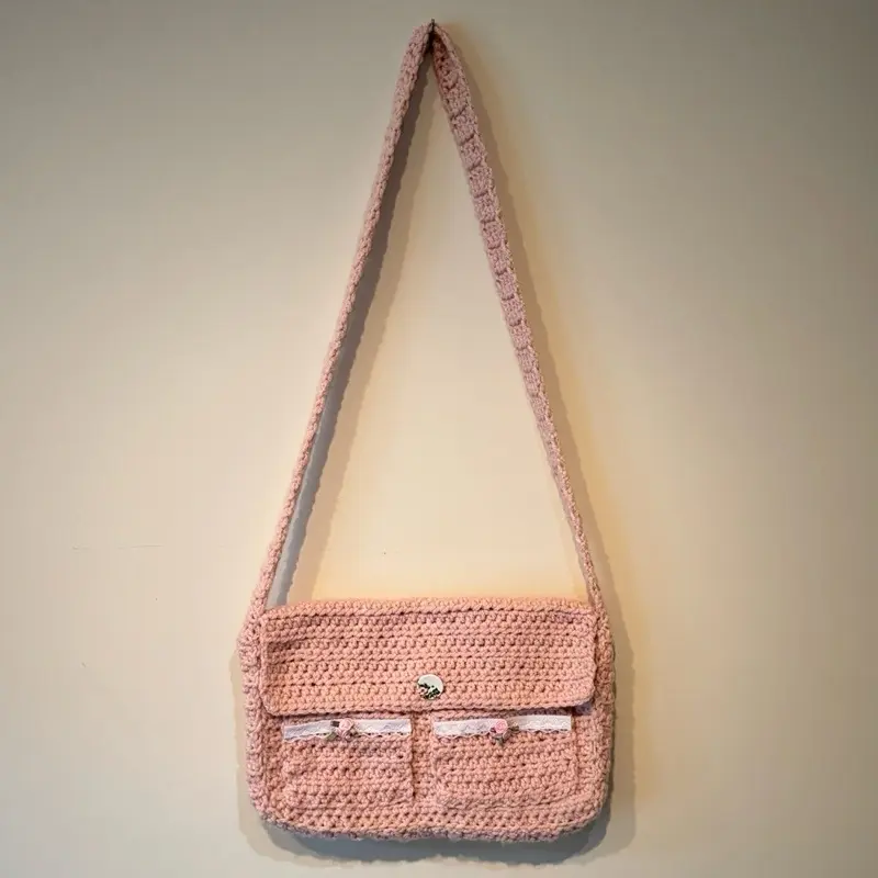 The Blush Messenger - Pink Crocheted Bag with Simple Design, Lining, Pocket, and Strap
