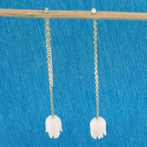 14kt Solid Yellow Gold Threader Chain Genuine Pale Pink Coral Dangle Earrings