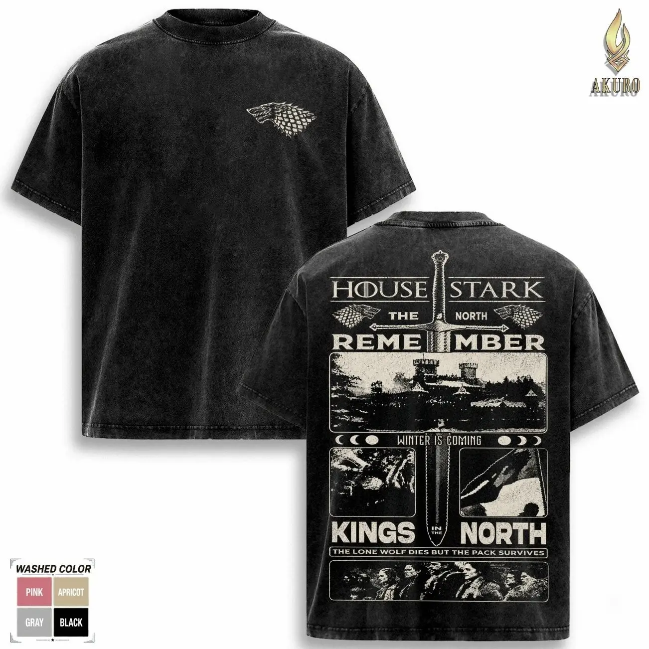 House Stark Shirt, Game Of Thrones Graphic Tee, Winter Is Coming T Shirt, House Stark Merch, Vintage Washed Oversized T Shirt, Soft Cotton Streetwear, Double Sided Menswear Top C46