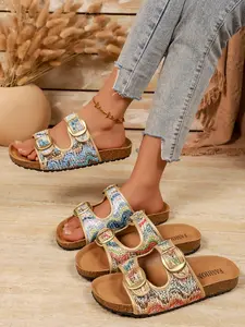 Colorful Woven Double Buckle Soft Bottom Rubber Slippers, Boho Style Casual Vacation Sandals Footwear Strap Slides for Women, Available in Two Colors, Comfy Sandals, Fashionable Flat Sandals