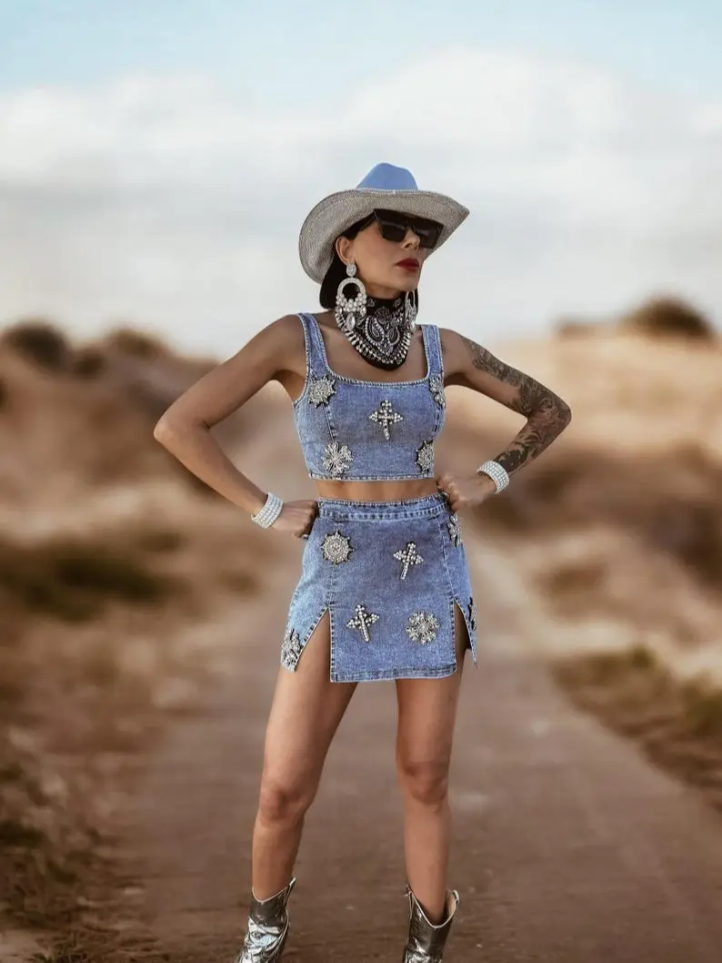 Western Glam Denim Rhinestone Cowgirl Festival Skirt and Bustier Set Diamond Top and Skirt Set Bachelorette Outfit Space Cowboy Costume for Women - Womenswear, Clothes