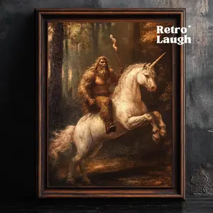 Bigfoot Riding Unicorn, Funny Vintage Mythical Wall Art, Sasquatch Oil Painting Print, Retro Poster for Home Decor. Gift for Fantasy LoverNO FRAME