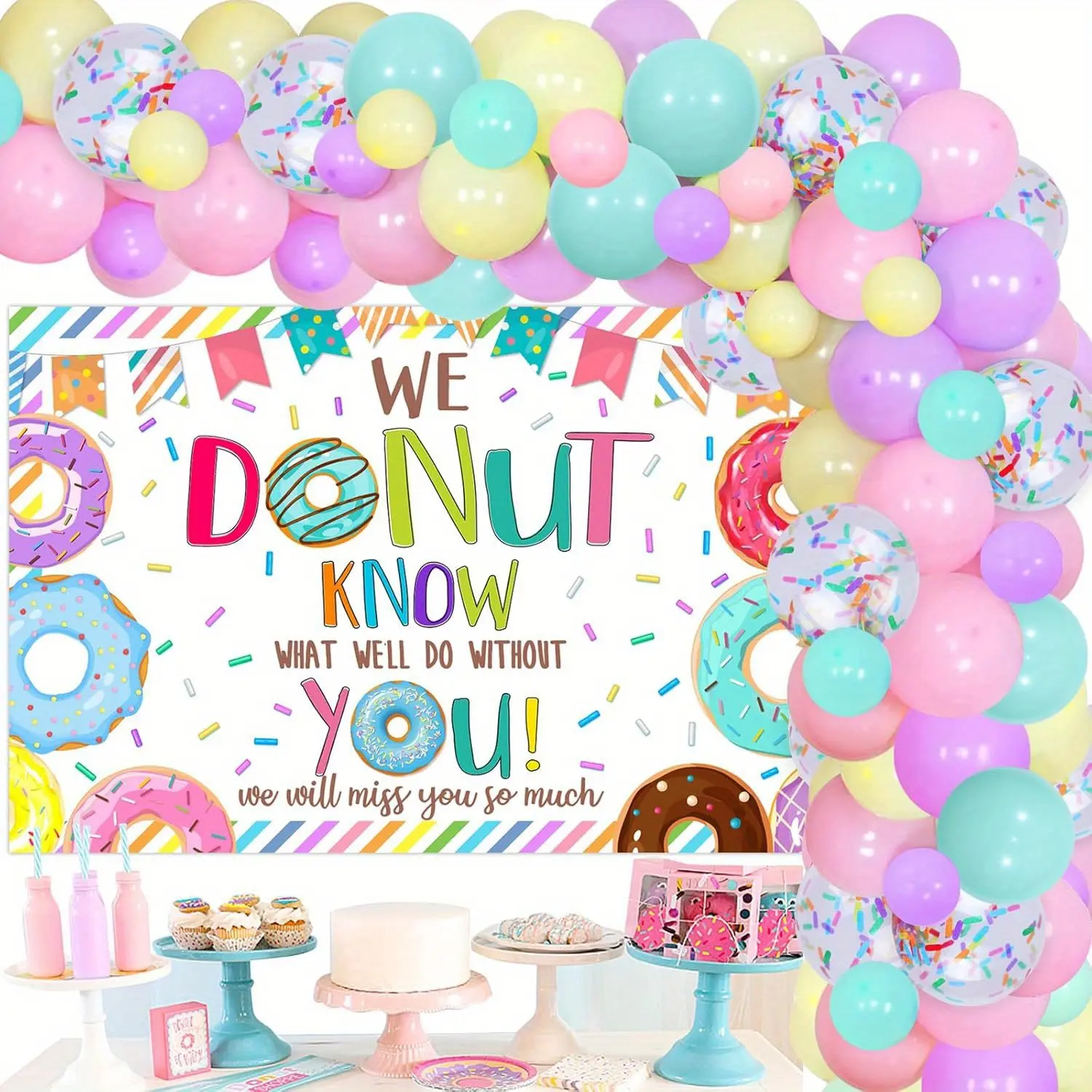 Donut Themed Farewell Party Decoration Kit (1 Set) - 20 x Latex Balloons, Colorful Patterns, Easy Install, "We Donut Know What We Would Do Without You" Backdrop, Macaron Balloons, Express Thoughts for All Age Guests (Graduation, Relocation), Party Place,