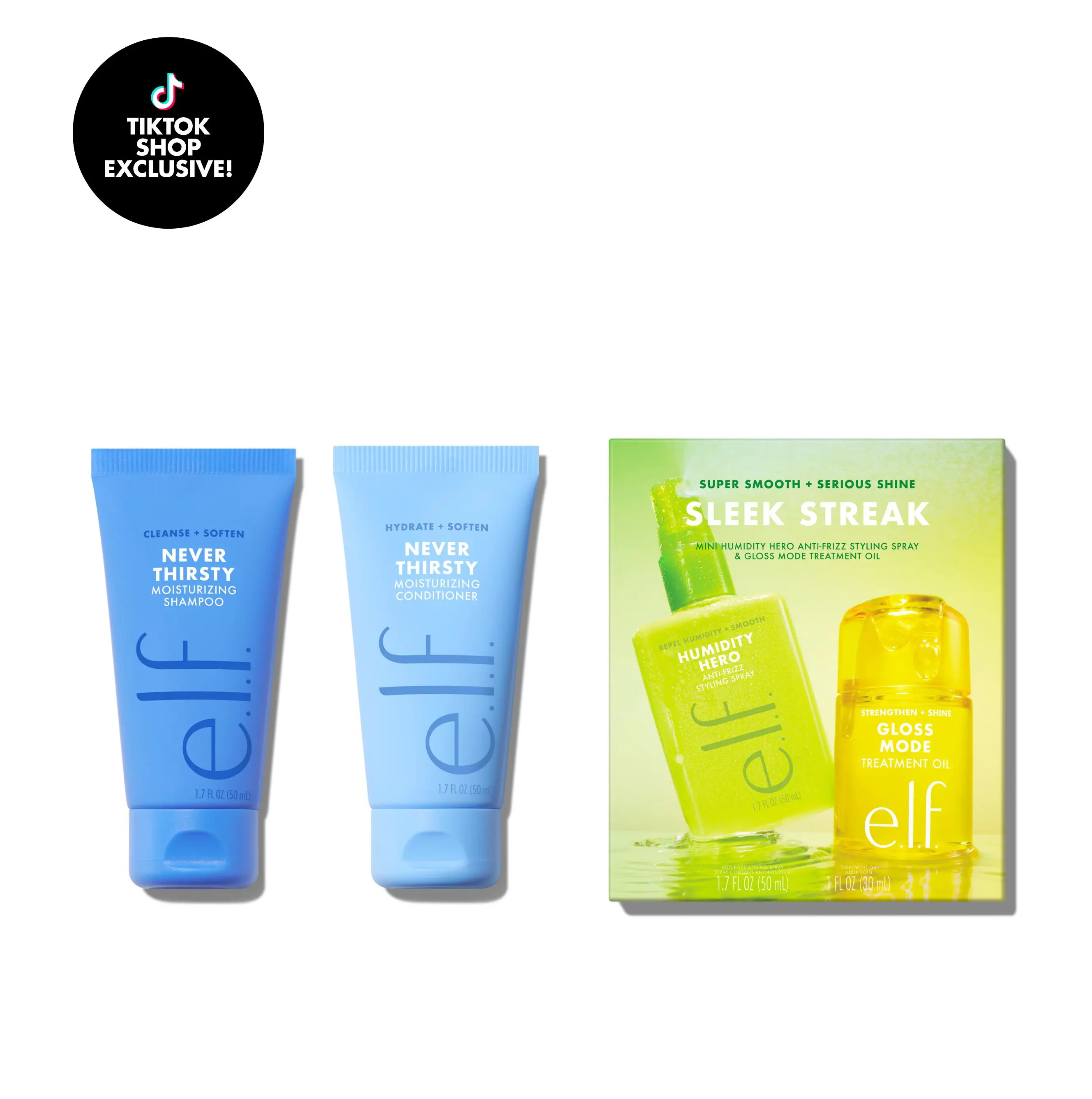 e.l.f. Never Thirsty Hair Travel Bundle — Sulfate-Free Shampoo, Conditioner, Anti-Frizz Spray and Gloss Oil