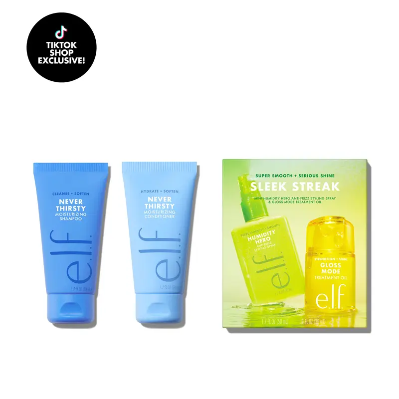 e.l.f. Never Thirsty Hair Travel Bundle — Sulfate-Free Shampoo, Conditioner, Anti-Frizz Spray and Gloss Oil