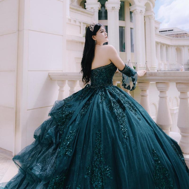 NO.25 Quinceanera Dress Green Red Champagne Removable Bell Sleeves Ball Gown Dress