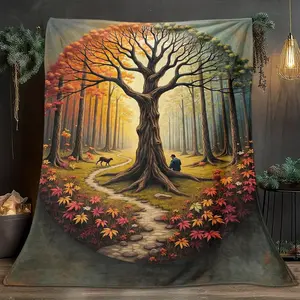 1pcs Forest And Human-Themed Flannel Blanket, Digital Print, Sofa Bed Cover Blanket, Skin-Friendly And Soft, Suitable For Birthday And New Year Gifts All Year Round