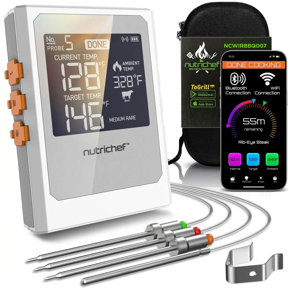 Wireless Digital Kitchen Meat Thermometer - Bluetooth & Wi-Fi Kitchen Utensil with 2 Stainless Steel Probes, 100+ ft Remote Alerts, Digital Display, 2000mAh Battery for Indoor Use & Backyard BBQ
