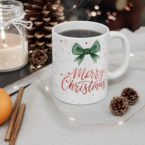 Christmas Mug Merry Christmas Green Bow, Holiday Coffee Cup