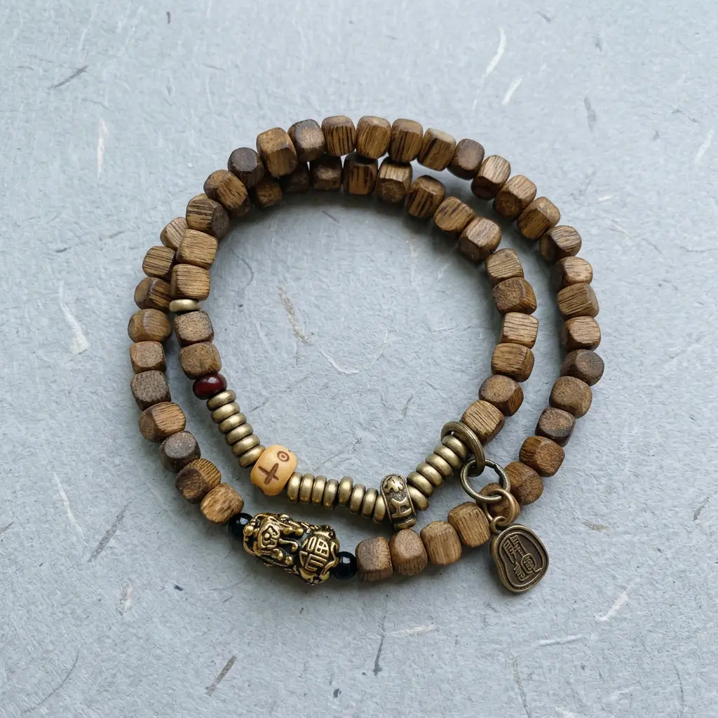 Pi Xiu Wealth Bracelet in Solid 24-Karat Gold, Unisex Double-Wrap Strand with Natural Agarwood Square Beads for Adults, One Size, Money Era