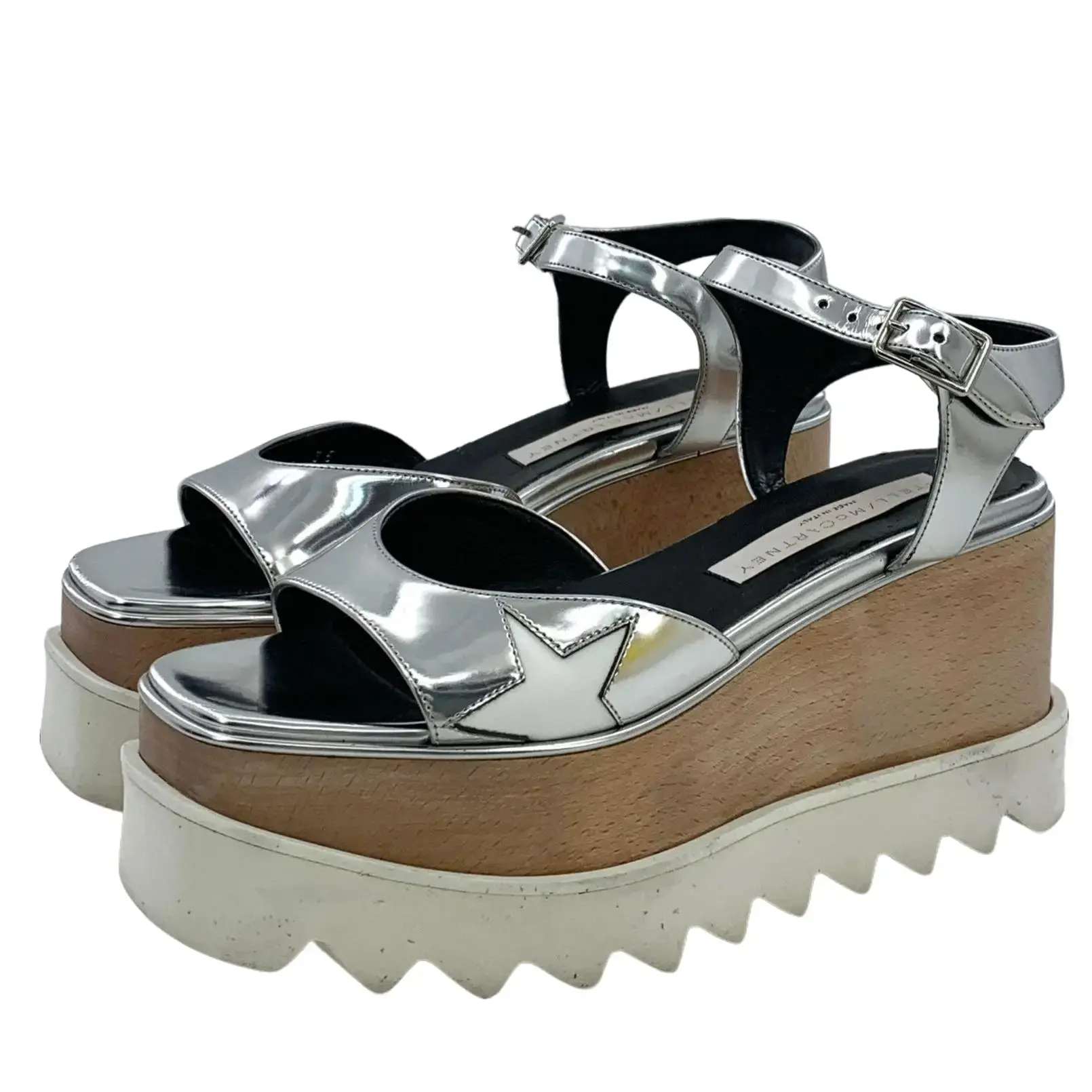 RDLT-Stella McCartney Size 35 Silver Patent Leather Platform Wedge Sandals-H35738