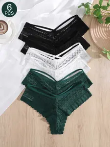 6Pcs Hipster Bikini Set with Fair Isle Print, Lace Cutout Criss Cross Design, Middle Waist Triangle Panties for All Seasons, Sexy Women's Swimwear