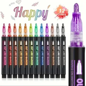 Double Line Outline Marker Pen Set, 12pcs/set Squiggles Shimmer Outline Marker Pen Set, Glitter Writing Drawing Pens for Birthday Greeting Card, Doodling, Art Crafts