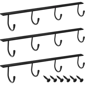 Under Cabinet Metal Mug Holder - Iron Hanging Rack for Coffee Cups and Kitchen Utensils Display, Black, 3 Pack
