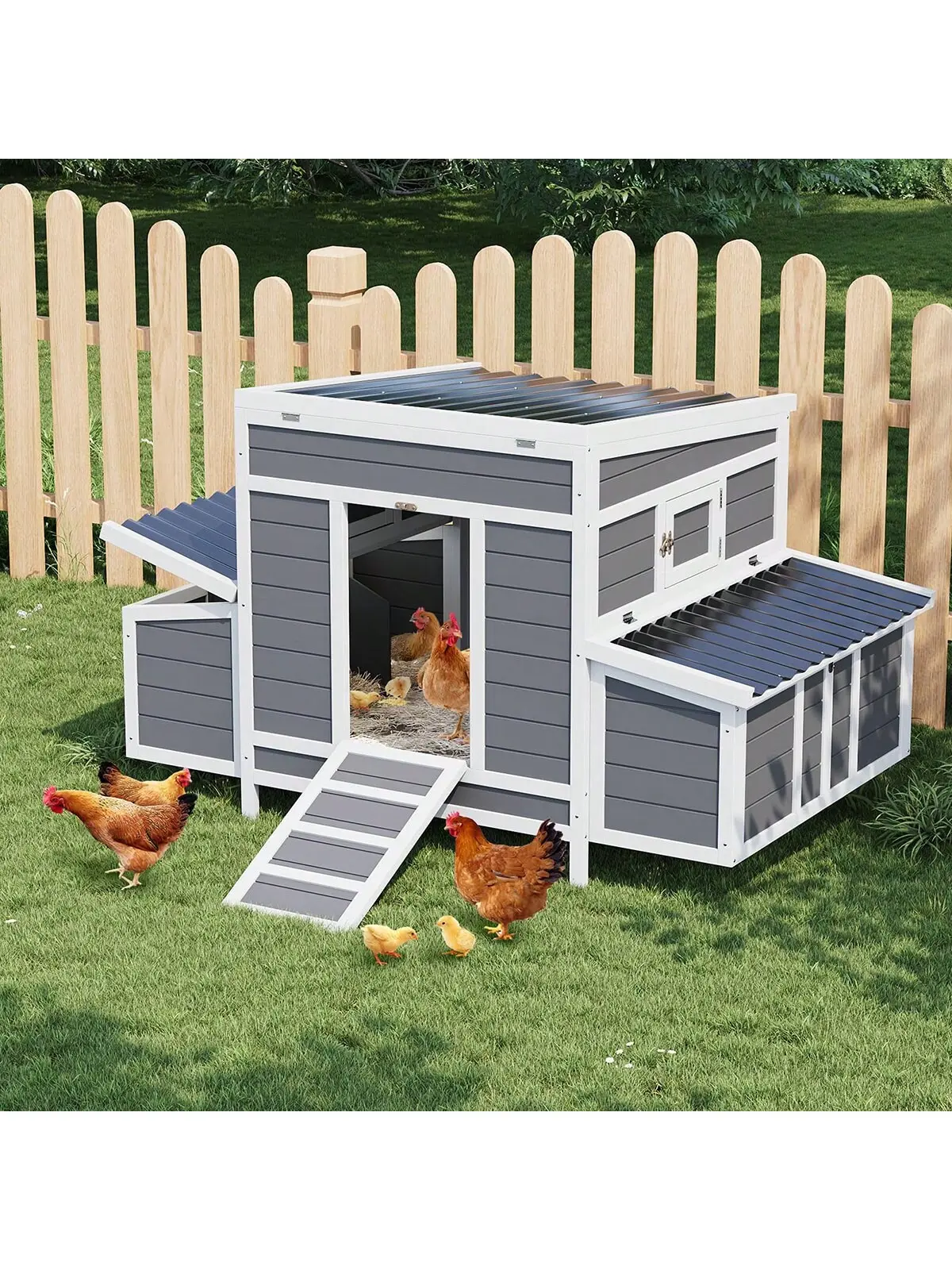 Gaomon 54.41"x34.49"x34.05" Solid Wood Chicken Coop Enclosure - 2-Side Nesting Boxes, No-Slip Ladder, Pull-Out Tray, Weatherproof Roof, Easy-Access Poultry Cage for 4-6 Chickens/Ducks, Supports Healthy Stress-Free Hatching (Outdoor Farm Use), 54.41" X 34.