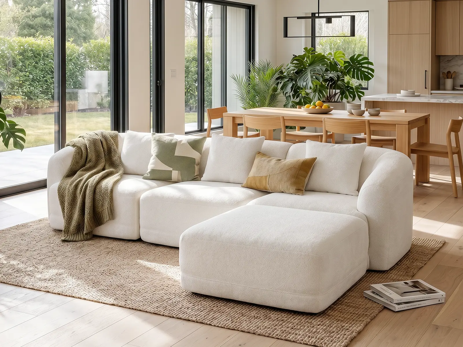 112" Cloud Sectional Couches for Living Room, 3 Seater Modern Contemporary Sofa with Curved Arms, Boneless Couch with Pillows, Modular Couch with Low Back and Deep Seat, Comfy Sofa Couches for Living Room