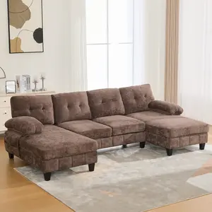 103" Modular Sectional Sofa Couch Bed, 4 Seater U-Shaped Sofa with Storage, Chenille Upholstered Sleeper Sofa with Pillows for Living Rooms, Bedrooms, Apartment, Brown