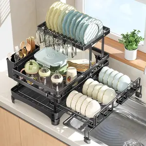 2 Tier Adjustable Dish Drying Rack Over Sink Expandable Kitchen Dish Rack with 360 Degree Drainage for Efficient Drying and Quick Dish Drying Solution