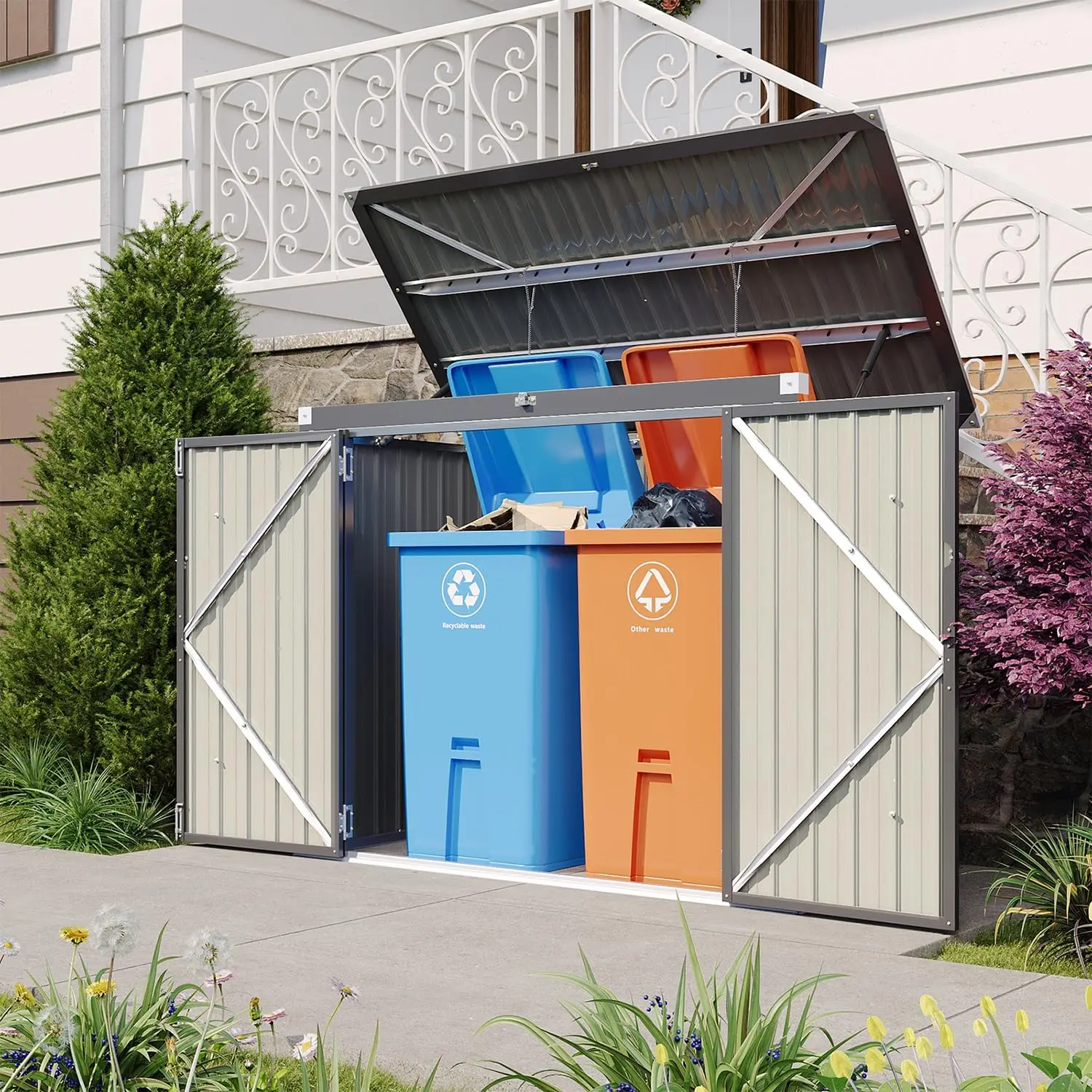 Jolydale 80 CU.FT Iron-Galvanized Steel Outdoor Storage Shed with Chain Cover, Pneumatic Rod, Waterproof Hardware Organizer for 2 Trash Bins, 59.8"l x 32.3"w x 47.2"h, Easy Setup, Assembly Required (Black)