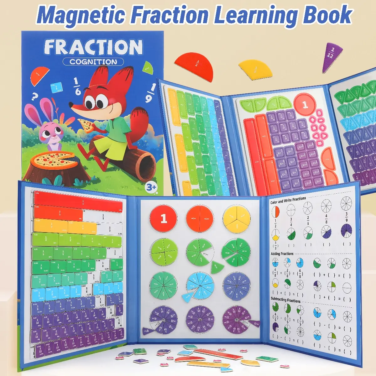 Magnetic Math Fraction Book, School Learning Tool, Block Graphs + Pie Charts + Erasable Equations, Hands-On Educational Material
