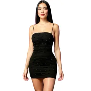 Sleeveless elegant mini dresses Spaghetti straps  Ruched Bodycon Black Womenswear Chic Elegance