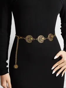 Women's Elegant Geometric Design Chain Belt, Modern Fashionable Sun & Moon Engraved Waist Belt for Daily Clothing Decor, Trendy All-match & Exquisite Belt for Birthday Gift, Charms, Casual Trendy Waistband