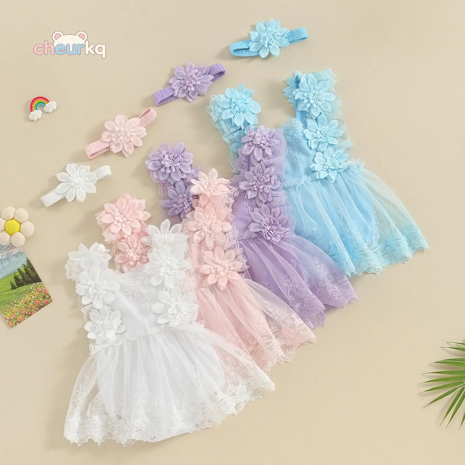 Infant Newborn Girls' Cute Cotton Blend Elastane Sleeveless Square Neck Floral Lace Romper with Headband - Casual, Party Wear Baby Bodysuit