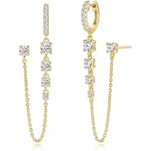 14K Gold Chain Earrings for Women| Double Piercing Stud Connector Earring| Daily & Special Moments Ear Cuff Earrings