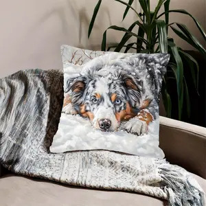 1pc Australian Shepherd Blue Merle Dog Sunbathing on Snow Pillowcase, Soft and Smooth Polyester Short Plush Fabric, Single-Sided Print Design, 17.72inch x 17.72inch, Modern Style, Machine Washable, Zipper Closure, Suitable for Living Room, Sofa, Bedroom M