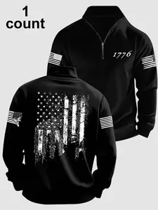 Men's Fall Winter Casual Hoodie, Stand Collar Half-Zip Pullover, Flag Series Print Design, Long Sleeve Fitted Top