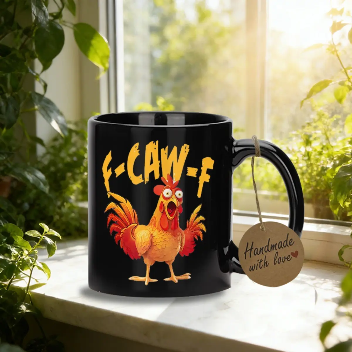 One Amusing Rooster Mug, 11oz Ceramic Coffee Cup, F-Caw-F Text, Rooster Design, Quirky Gift, Humorous Drinkware, Durable, Funny Mug