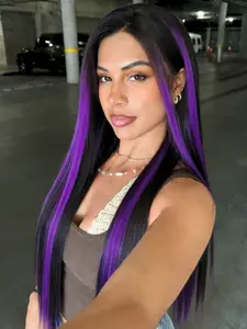 Black Purple Highlight Wigs 13x4 Lace Front Wigs, Glueless Frontal Wig Pre-Plucked Hairline Synthetic Wig Valentine Look Straight Wig for Women Daily Wear Protective Style 28 Inch