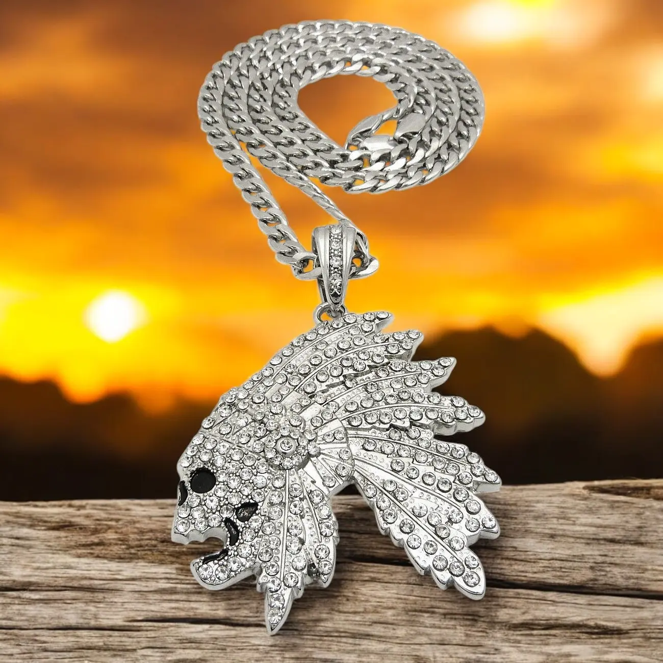 MaxBling81 Iced Out Indian Chief Skull Pendant Necklace - Silver-Coated Zircon, 2.25"x3.5" Size, 6mm Miami Cuban Chain & Link, 20"/24"/30" Long Length, Unisex Female Daily Casual Costume Jewelry