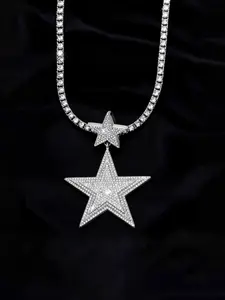 Hip Hop Punk Double Colorful Five-Pointed Star Pendant Necklace Set, Iced Out Blingbling Tennis Link Chain, Unisex Jewelry for All Occasions, Jazz Cuban Chain