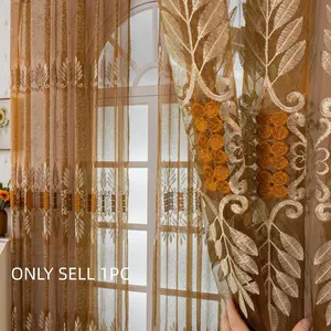 1pc Warm Tone Vintage Embroidered Curtain, Creamy Caramel Color, Window Curtain, Elegant Living Room Floor-To-Ceiling Drapes, Classic Style Curtains