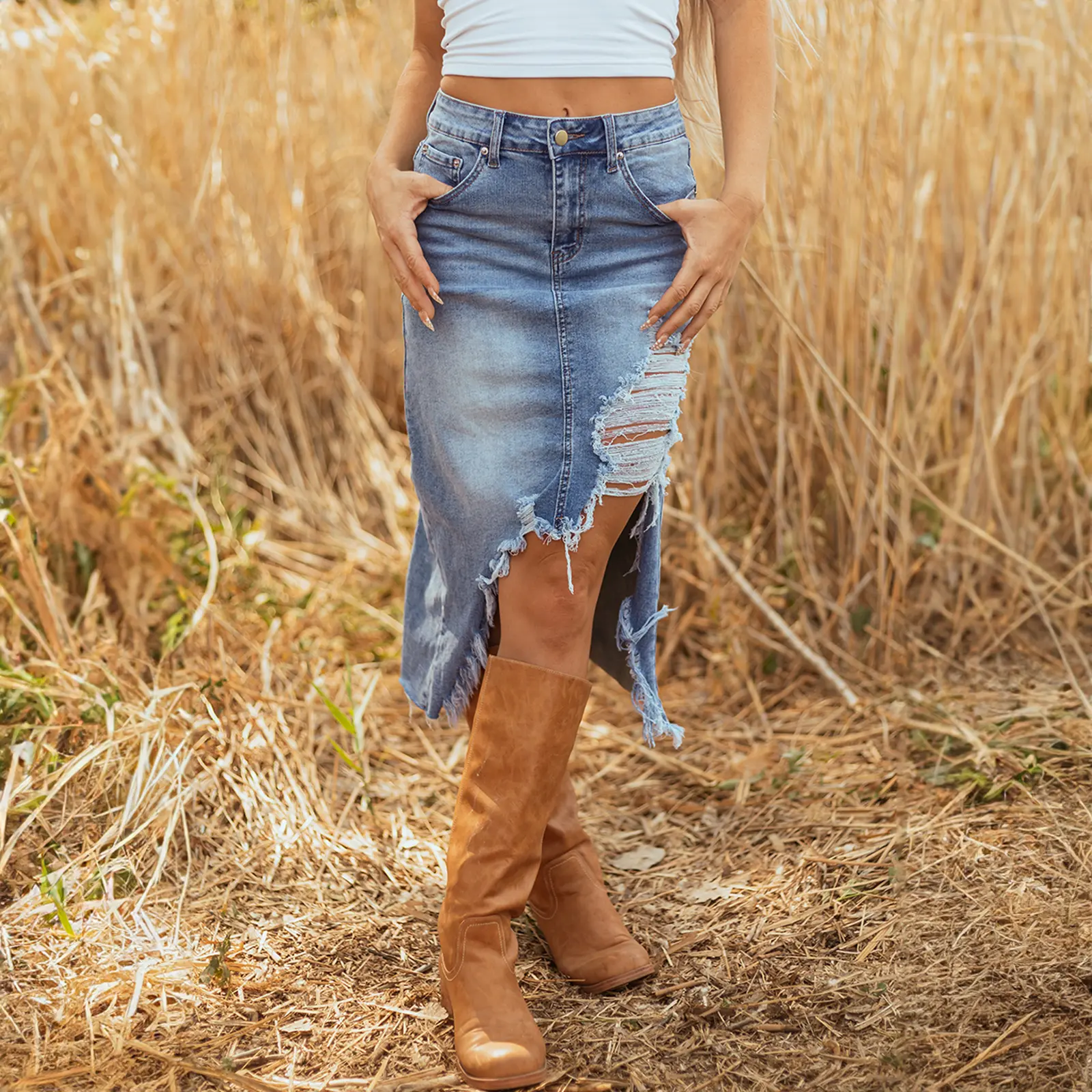 Women's High-Waisted Distressed Ripped Frayed Hem Denim Midi Skirt, Fitted Classic Myosotis Color, Western Fashion Casual Bottoms for Versatile Wear (Pair with Blouses), Blouse, Distressed Skirts, Frayed Denim Skirts