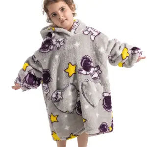 Baby Thick Coral Fleece Pajamas, Astronaut Hooded Lazy Blanket, Winter Warm Home Wear, Heart Pocket, Cute Loungewear for Kids