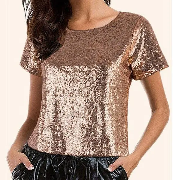 VIJIV Women's Glitter Glam Sequin Top Loose Sleeves Sparkly Shimmer Party Bridesmaid Sequined Tunic Top