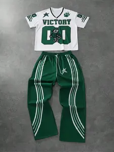 American Retro V-Neck Jersey Set for Men, Summer Trendy Tiger Print, Short Sleeve Sportswear, Wide Leg Pants Two-Piece Set