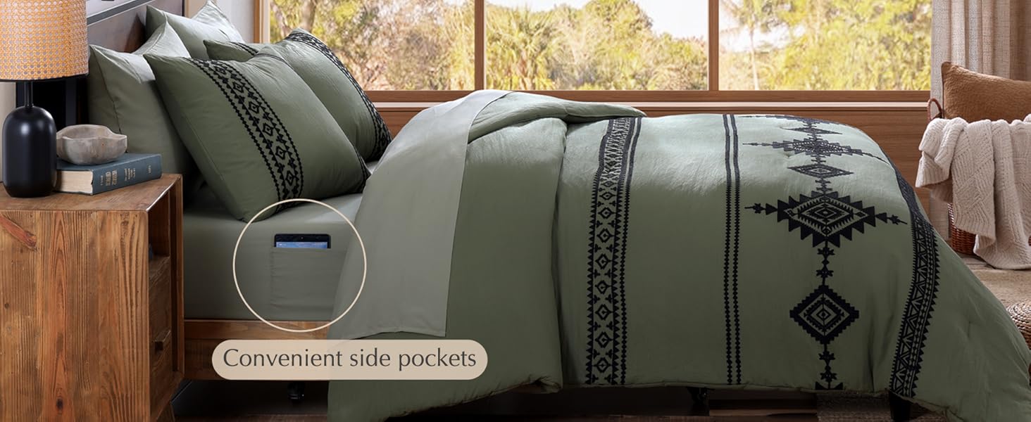 MaiRêve Embroidery Comforter Sets, boho Light Olive Green Western queen Bedding Set king Boho 7 Pieces, All Season Farmhouse Bed in A Bag Comforter Set with Sheets, Pillowcases & Shams bedding sets bed comforter set bedding set