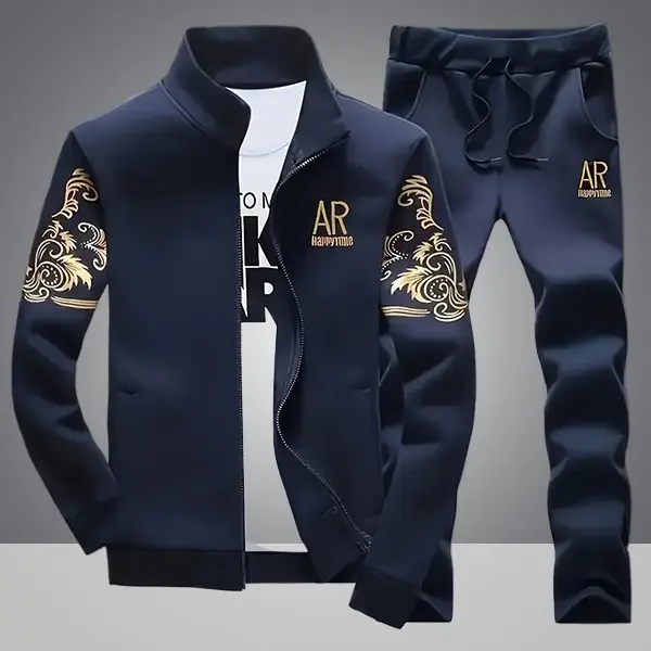 Men's 2-Piece Sporty Sweatsuit Set - Stand Collar Long Sleeve Activewear Top, Drawstring Casual Pants, AR Letter Print, Navy Blue with Gold Embroidery, Gym & Daily Wear Activewear Clothing