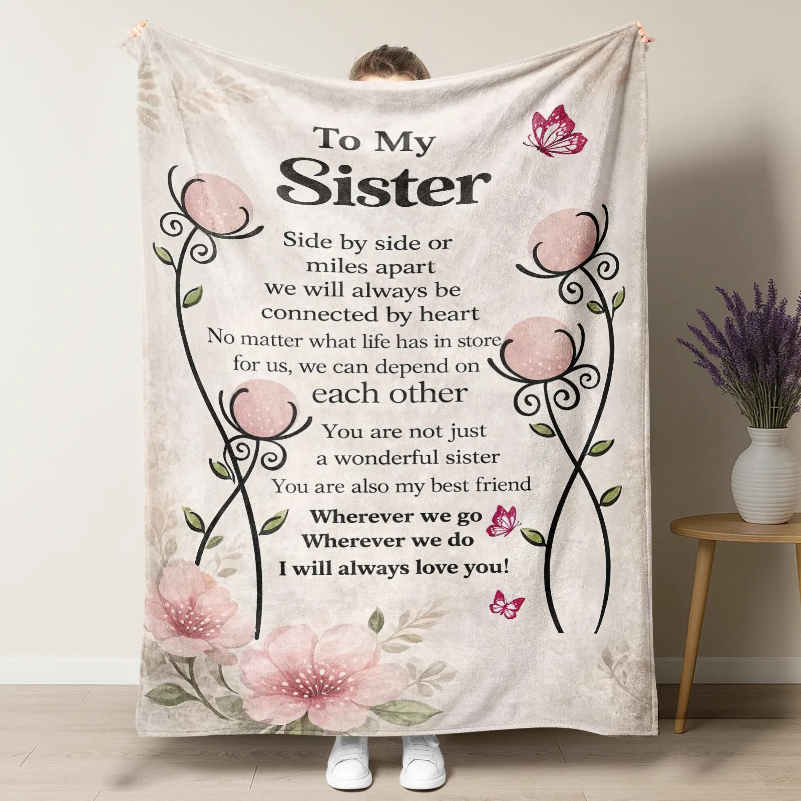 To My Sister Floral Lightweight Blanket,'Connected by Heart’ Sentimental Throw Cozy Blanket with Heartfelt Quote,Perfect Graduation & Back to School Gift for Your Best Friend Sister