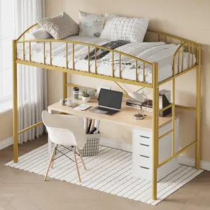 Twin Size Loft Bed Heavy Duty Metal Frame w/ Ladder & Arched Guardrail for Kids & Adults, Sturdy Steel Slats, Space‑Saving Design, No Box Spring Needed