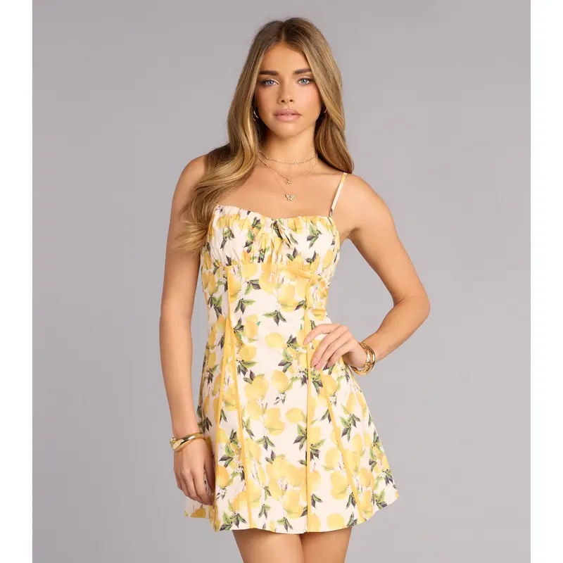 knee length dresses for ladies Bow-Detail A-Line Mini Dress in Lemon Yellow Stripe - 8 main image 0