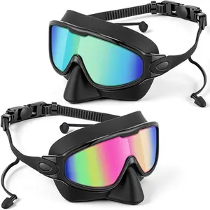 Summer Adult Anti-Fog UV Protection Swim Goggles with Nose Clip and Ear Plugs, Wide Angle Waterproof Snorkel Mask, Unisex
