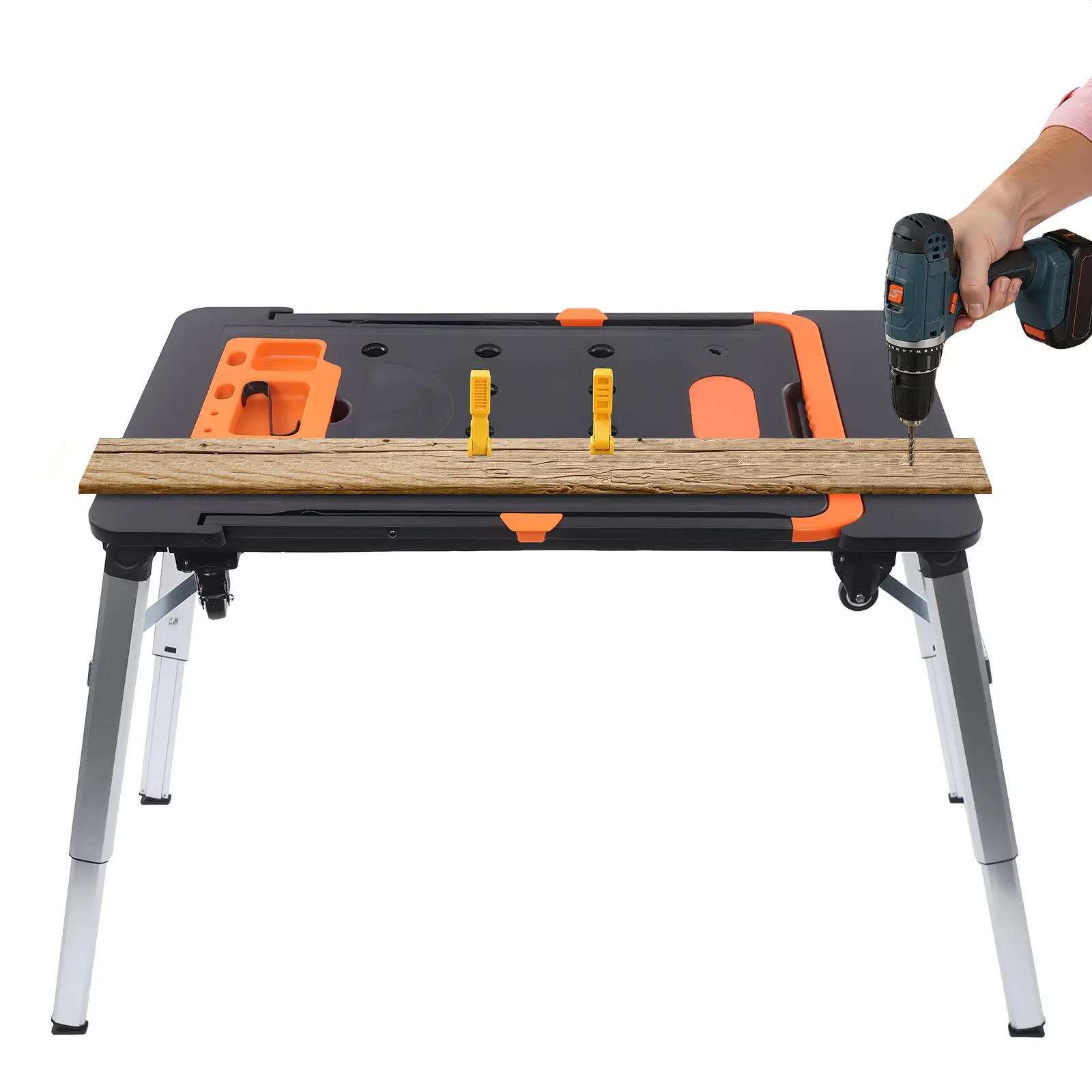 7-in-1 Height-Adjust Foldable Multifunctional Desk Work Platform, Rolling Workbench-Scaffold Sawhorse with Tool Tray, Ruler, Wheels, 330.69 lbs & 551 lbs Load Capacities, Tool Storage for DIY Home Projects, Shopping Cart Foldable, Home Garage Gift, Abs, P