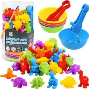 Rainbow Counting Soft Rubber Dinosaur Early Education Cognitive Montessori Toy Set, Multi Activity Playset, with Matching Games and Sorting Bowls, Sensory Enlightenment Set for Ages 3+, Math and Color Sorting Gift