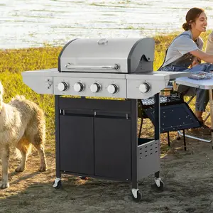 Propane Grill 4 Burner Barbecue Grill Stainless Steel Gas Grill with Side Burner, 46,500 BTU Outdoor Cooking, Patio, Garden Barbecue Grill, Black and Silver Bbq Cover Oil