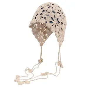 Bohemian Handmade Knitted Flower Tassel Headwrap Ethnic Style Hollow Crochet Hat Headscarf Versatile for Women